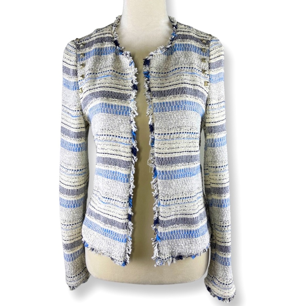 Zara Trafaluc Tweed Fringe Studded Open Front Striped Blazer Jacket Size L